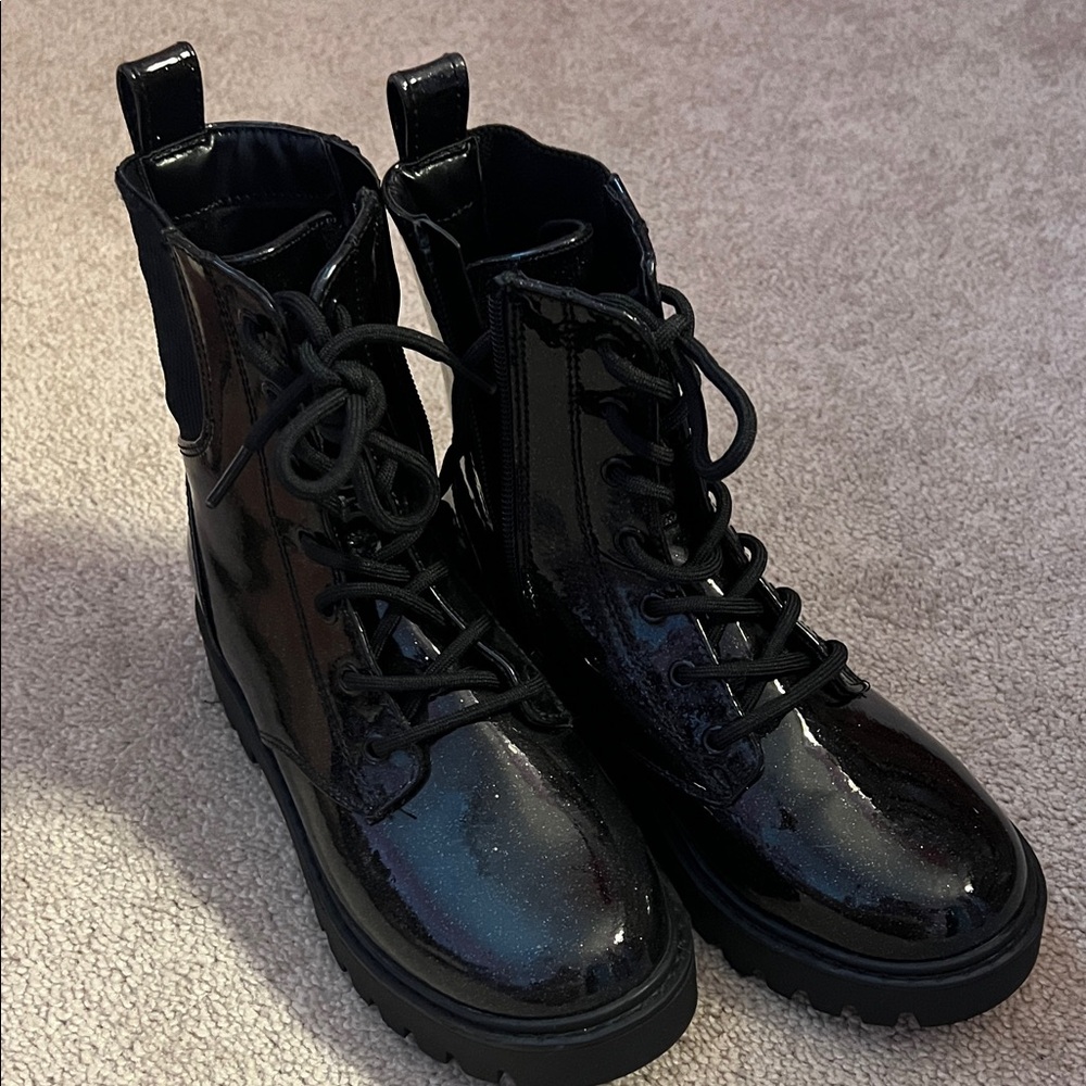 Black Glitter Patent Leather Girls Boots